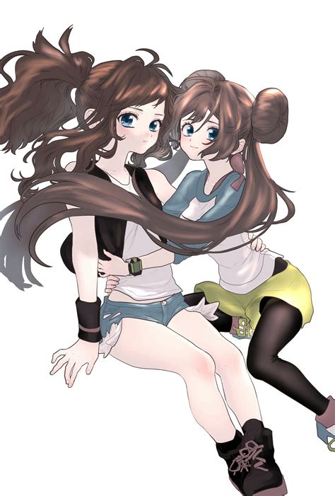 Hilda Pok Mon Long Hair Ponytail Brunette Two Women Anime Anime Girls Pok Mon Rosa