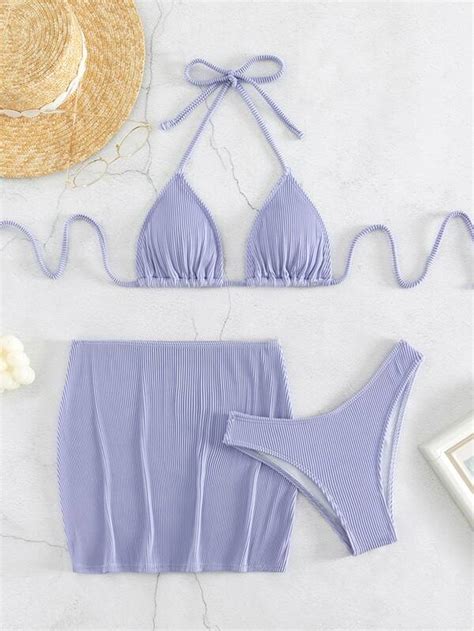 Ensemble de bikini côtelé ras du cou triangulaire soutien gorge Bas échancré jupe de plage 3