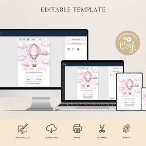 Editable Adventure Awaits Baby Shower Invitation Pink Hot Air Balloon Baby Shower Invite Girl