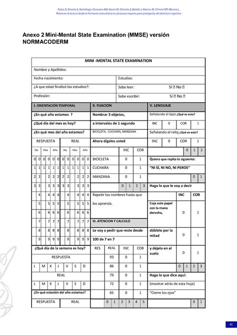 Mini Mental Pauta De Evaluacion Anexo Mini Mental State