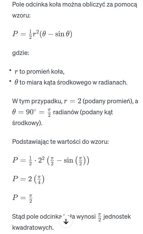 Oblicz pole odcinka koła wyznaczonego na kole o promieniu r przez łuk o