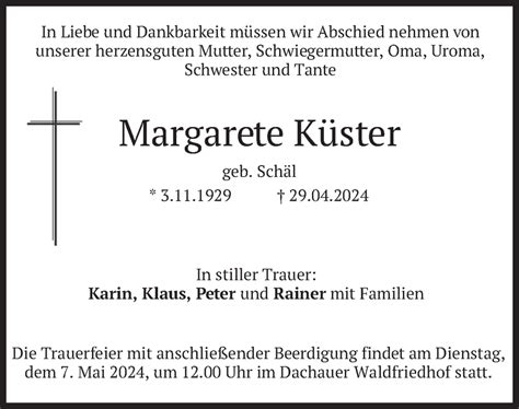 Traueranzeigen Von Margarete K Ster Trauer Merkur De