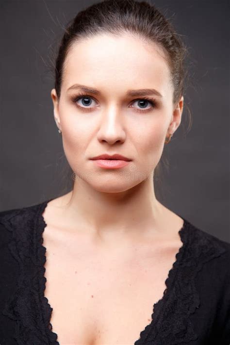 Close Up Portrait Of Elegant Brunette Woman With Nude Make Up Stock Photo Image Of Elegant