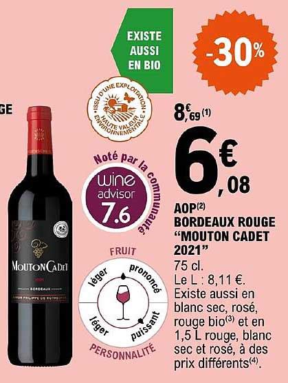 Promo Aop Bordeaux Rouge Mouton Cadet 2021 Chez Eleclerc Icataloguefr