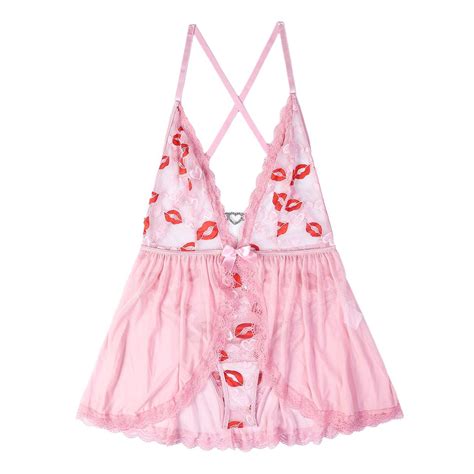 Midwennn Red Lips Lace See Through Sexy Jumpsuit Two Piece Skirt Slit Long Lingerie For Women