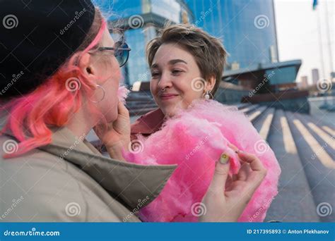 Cute Lesbian Girl Feeds Her Girlfriend R Sweet Cotton Wool Stock Image Image Of Caucasian