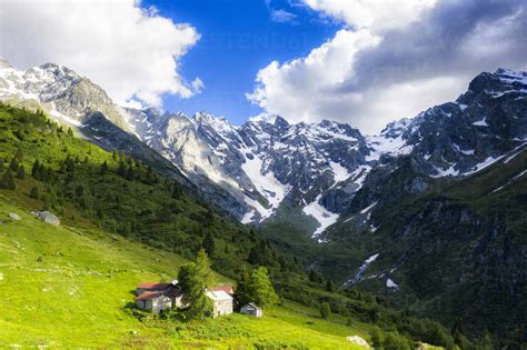 lonely traditional group  huts   wild alpine valley val darigna