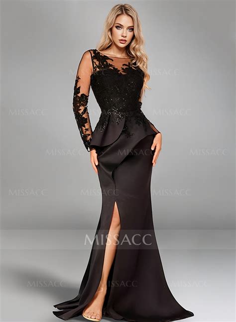 Mermaid Illusion Neck Long Sleeves Sweep Train Satin Evening Dresses