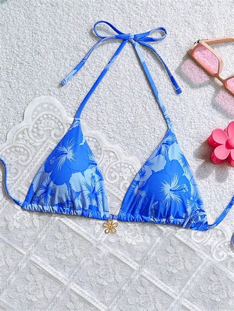 Swim Mod Women S Metallic Flower Decor Random Print Triangle Bikini Top Beach Wear Summer For
