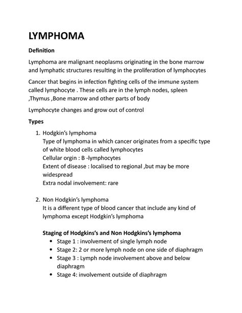 Lymphoma Note Pdf Lymphoma Definition Lymphoma Are Malignant Neoplasms Originating In The Bone