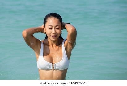 Pretty Asian Woman Blue Bikini Posing Images Stock Photos Vectors Shutterstock