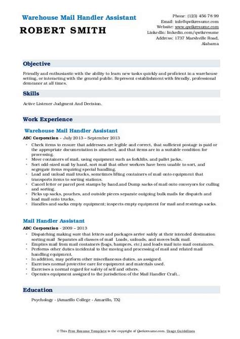 Mail Handler Assistant Resume Samples QwikResume