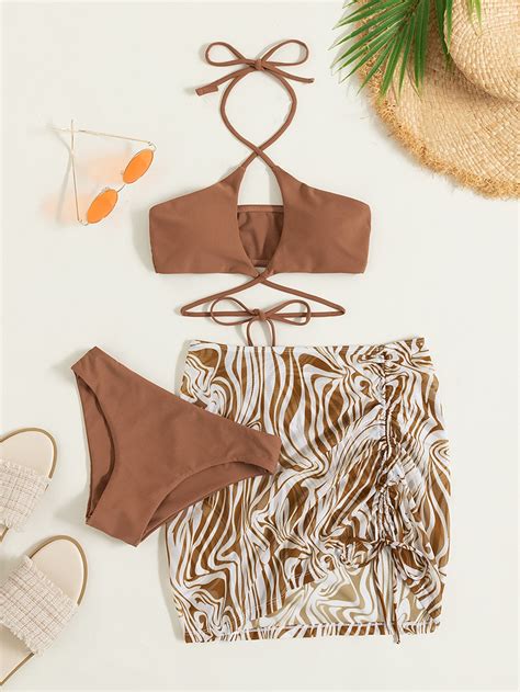 Shein Swim Vcay Marble Print Bikini Set Crisscross Wireless Bra Top Bikini Bottom Drawstring