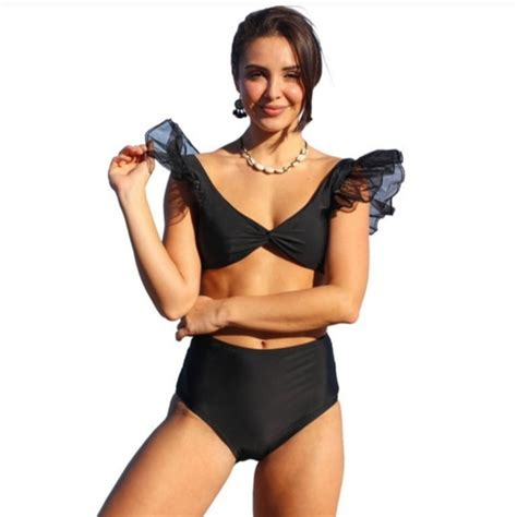 Sporlike Swim Sporlike High Waisted Black Swimsuit Organza Ruffle Bikini Twist Front New