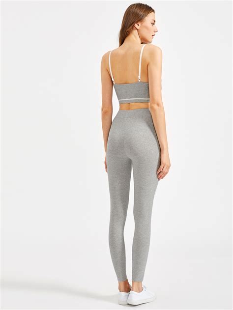 Binding Detail Heathered Sports Bra And Leggings Set Shein Sheinside