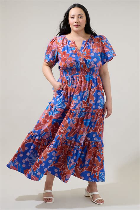 Amazonia Blue Floral Palmer Poplin Tiered Maxi Dress Curve Sugarlips