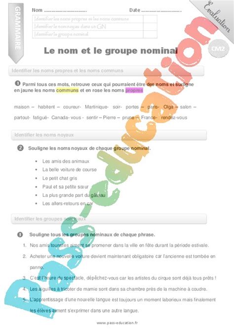 Evaluation Groupe Nominal Cm Cycle Bilan Et Controle Corrig