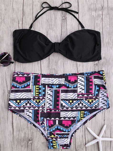 41 OFF 2021 High Waisted Geometric Print Halter Bikini Set In BLACK DressLily