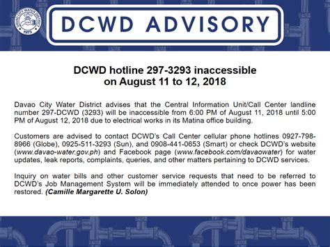 Dcwd Hotline 297 3293 Inaccessible On Aug 11 12 2018