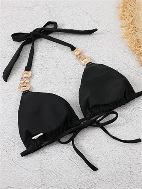 Emmiol Free Shipping Solid Gem Engraved Halter Tie Back Bikinis Black S In Bikini Sets