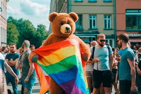 Person Disguised As A Gay Bear Bear With Rainbow LGBT Flag On Back Having Fun While Walking On