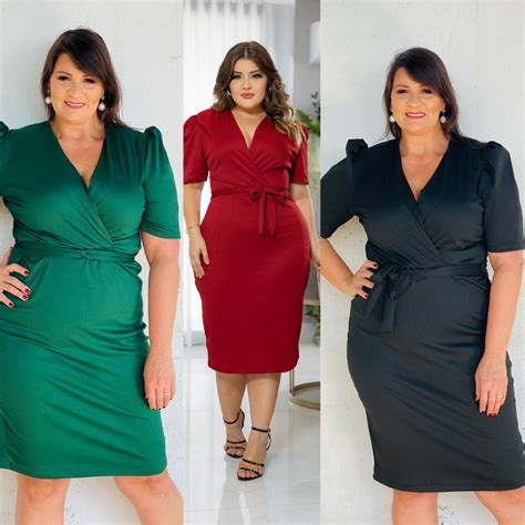 Vestido TAM 46 50 Manga Bufante Transpassado Plus Size Midi