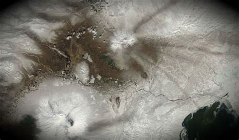 Ash On Snow From Shiveluch Volcano On Kamchatka Peninsula Eastern