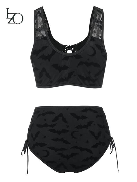 Goth Bikini Plus Size Bat Bikini Crescent Moon And Star Bikini Lace Up Padded Bikini Bat
