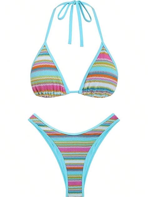 Conjunto De Bikini Para Mujer Seamoly Con Cuello De Halter A Crochet Con Bloques De Color