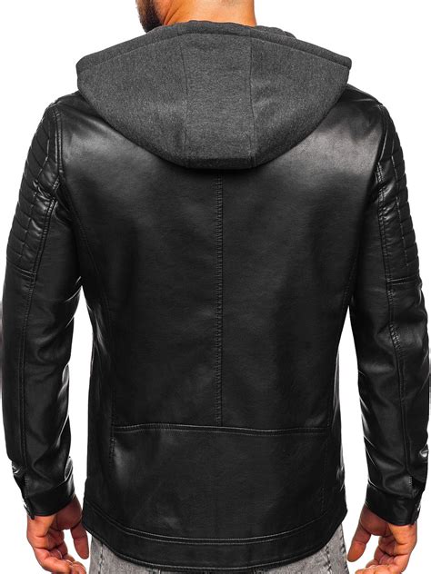 Bolf Herren Kunstlederjacke Biker Mit Kapuze Schwarz 11Z8018