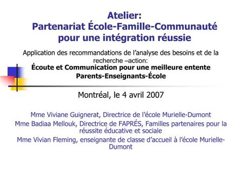 Ppt Atelier Partenariat Cole Famille Communaut Pour Une Int Gration