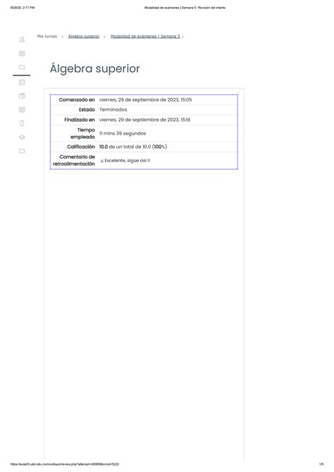 Modalidad De Exámenes Semana 5 Revisión Del Intento Álgebra Superior