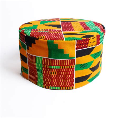 African Kente Kufi Orange Green Hat Etsy