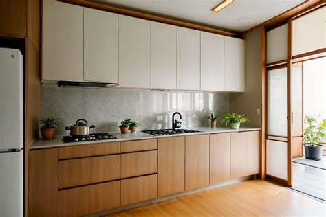 Zen Style Kitchen Interior With Stove And Sink And Worktops And Plant