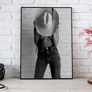 Vintage Cowgirl Print Black And White Fashion Poster Nude Woman Wall Art Wild West Photo