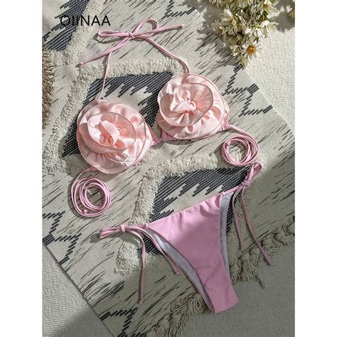 Jual Oiinaa Bathing Suit Women Sexy D Floral Bikini Set Solid Drawstring Beachwear Summer