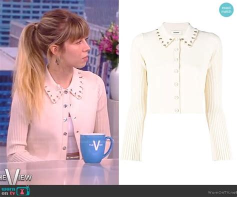 Jennette Mccurdys White Ribbed Embellished Trim Cardigan On The View