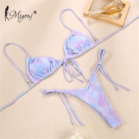 Miyouj Halter Bikinis Micro Thong Swimsuit Piece Swimwear High Cut Bikini Set Print Bandage