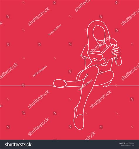 Outline Drawing Young Girl Sitting Reading Vector De Stock Libre De