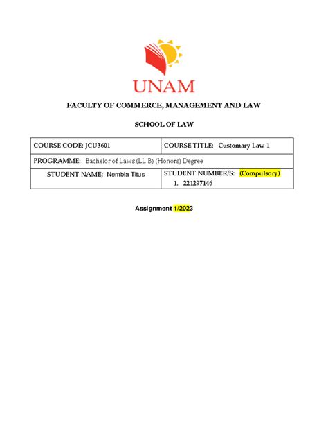 Tysen Ass Custom 1 Notes FACULTY OF COMMERCE MANAGEMENT AND LAW SCHOOL OF LAW COURSE CODE
