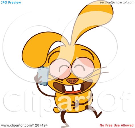 Clipart Of A Cartoon Yellow Rabbit Giggling And Talking On A Cell Phone