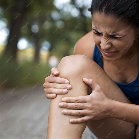 Woman having pain in knee Female hands holding her knee with