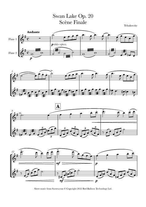 Tchaikovsky Theme For Swan Lake Op 20 Scene Finale Sheet Music For Flute Duet