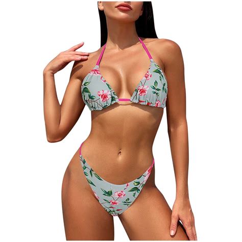 Wreesh Womens Two Piece Swimsuit Halter Bikini Set High Cut Bikini Split Body Three Point