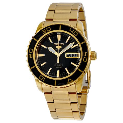 Seiko 5 Automatic Black Dial Gold Tone Mens Watch Snzh60 Stainless