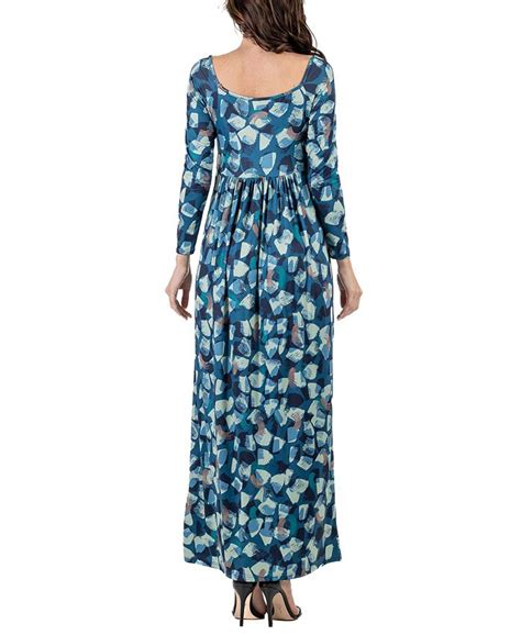 24seven Comfort Apparel Womens Abstract Long Sleeve Pleated Maxi Dress