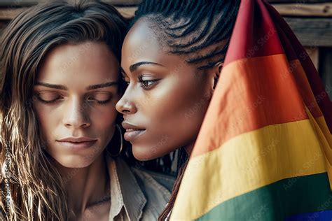 Lesbian Couple With Rainbow Flag Gender Equality Ai Generated Stock