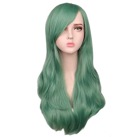 Qqxcaiw Long Curly Cosplay Costume Party Women Wig Green 70 Cm High Temperature Synthetic Hair