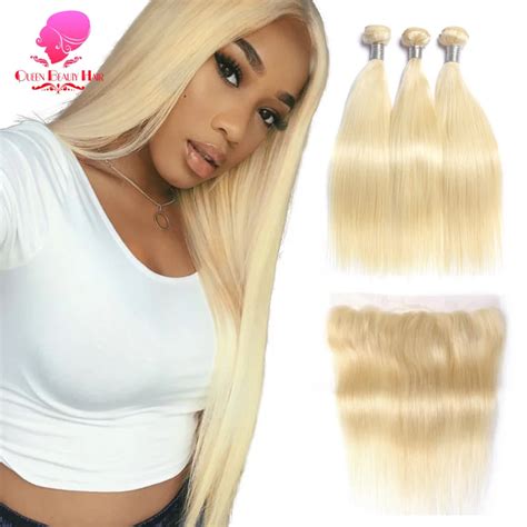 QUEEN BEAUTY Blonde Straight Brazilian Hair Weave Human Hair Bundles With Closure PC Remy