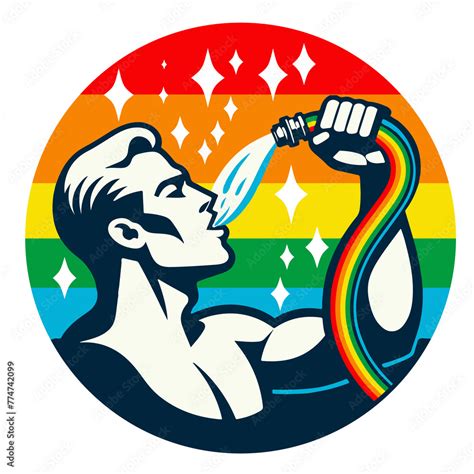 Gay Man With Rainbow Hose Drinks Water Jet Round Graphic Promotion Lgbtq Community Symbol With